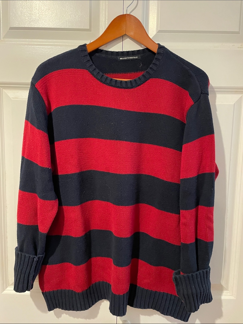 Brandy Melville Red and Navy Wide-Stripe Crewneck Sweater